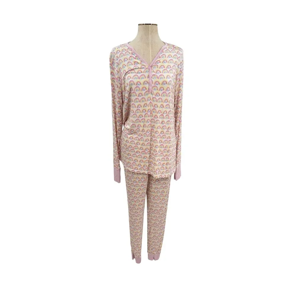 Little Sleepies Pastel Rainbows Bamboo Two Piece Pajama Set Pink Women's Large